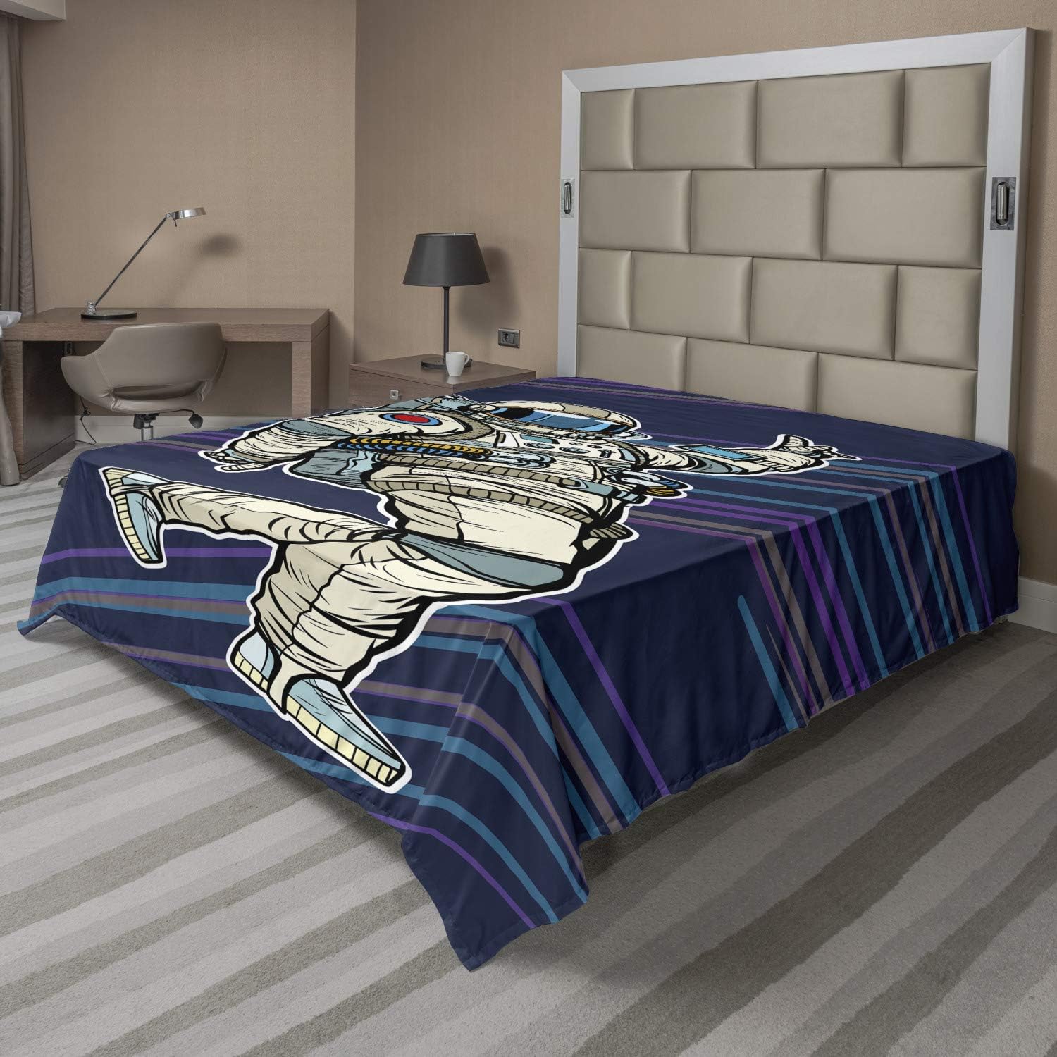 Ambesonne Astronaut Flat Sheet, Having Fun Dancing Retro Comic Design Cartoon Character, Soft Comfortable Top Sheet Decorative Bedding 1 Piece, Queen Size, Multicolor