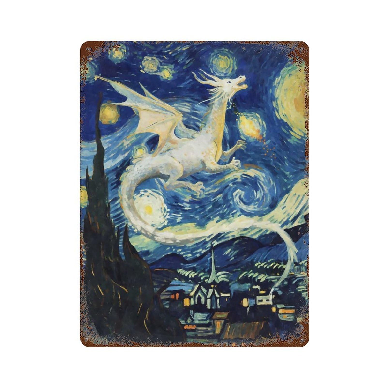 White Dragon Starry Night Rustic Tin Plaque 15.7"x11.8", Farmhouse Wall Decor for Shed, Workshop And Garage Wall Decor