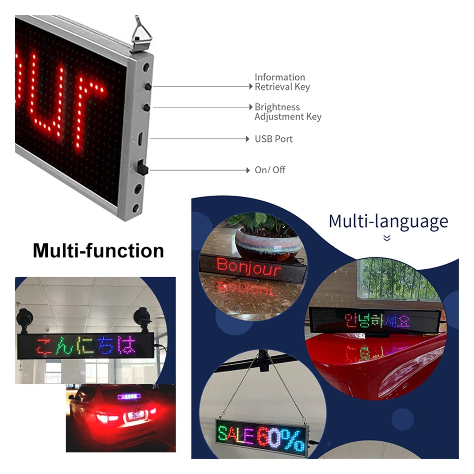 Panel LED 50CM P5 LED wyświetlacz samochodowy programowalny cyfrowy znak LED przewijanie wiadomość wyświetlacz LED wielojęzyczny ekran LED odliczający czas do samochodu, baru, hotelu, ciężarówki(With
