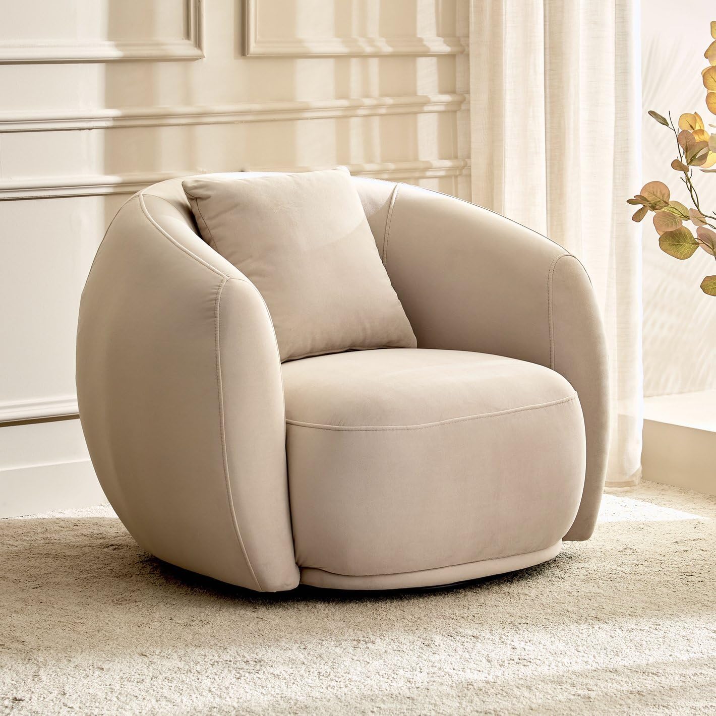 Premium Fabric 1-Seater Swivel Sofa Chair with Plush Cushion – Modern Comfortable Single-Seater Lounge Chair for Living Room, Bedroom & Office Biege-picture-11