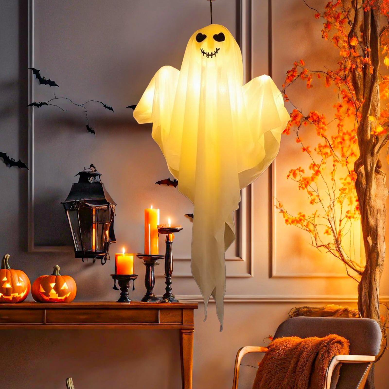 2er Set Halloween Geister Deko Mit LED Licht - 60cm Gruselige Windsäcke