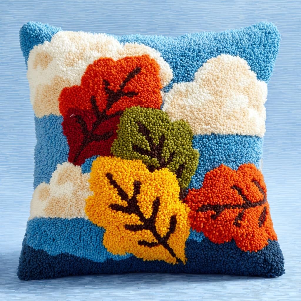 Kitquiver Latch Hook Kits for Adults Leaves Rug Cover Pillowcase Kids Beginner DIY Needlework Embroidery Kits Handmade Set Craft Sofa Home Decor 43X43Cm