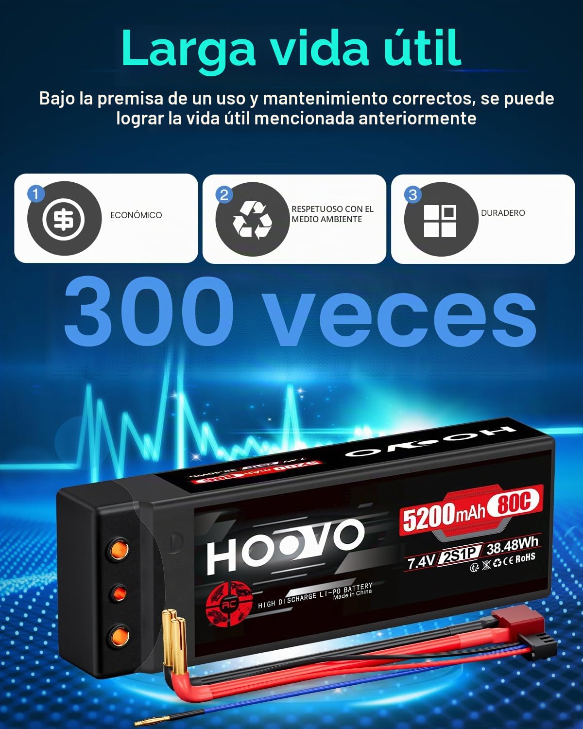 HOOVO 2S Batería de LiPo 7,4 V 80 C 5200 mAh RC Batería rígida con conector Deans-T para RC Auto Barco Camión Truggy RC Hobby (2 paquetes)
