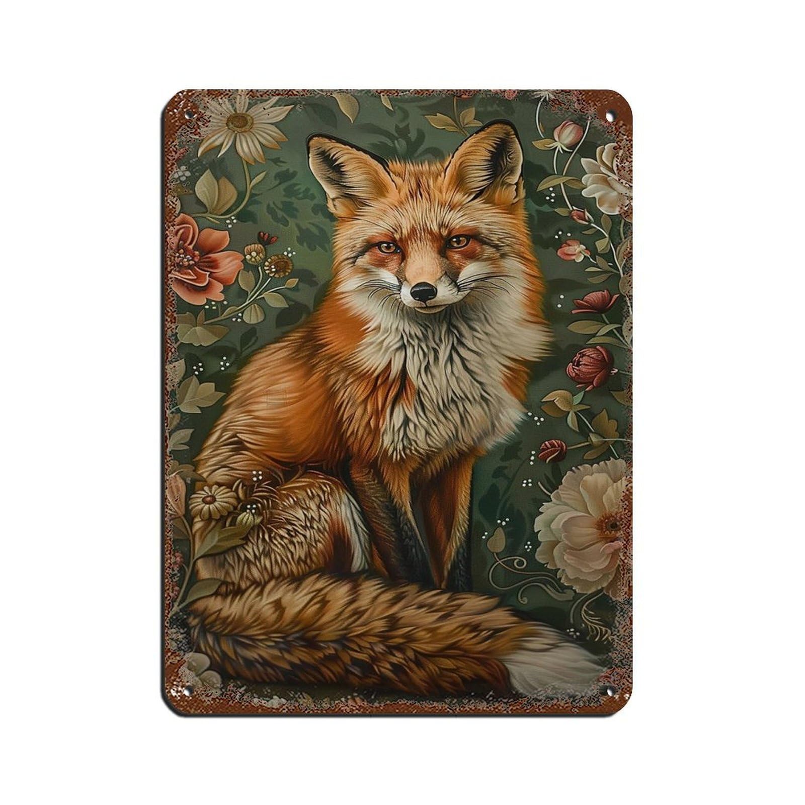 Cottage Fox And Flowers Painting Poster Tin Sign Vintage Metal Pub Club Cafe Bar Home Wall Art Decoration Poster Retro 12x16inch(30x40cm)