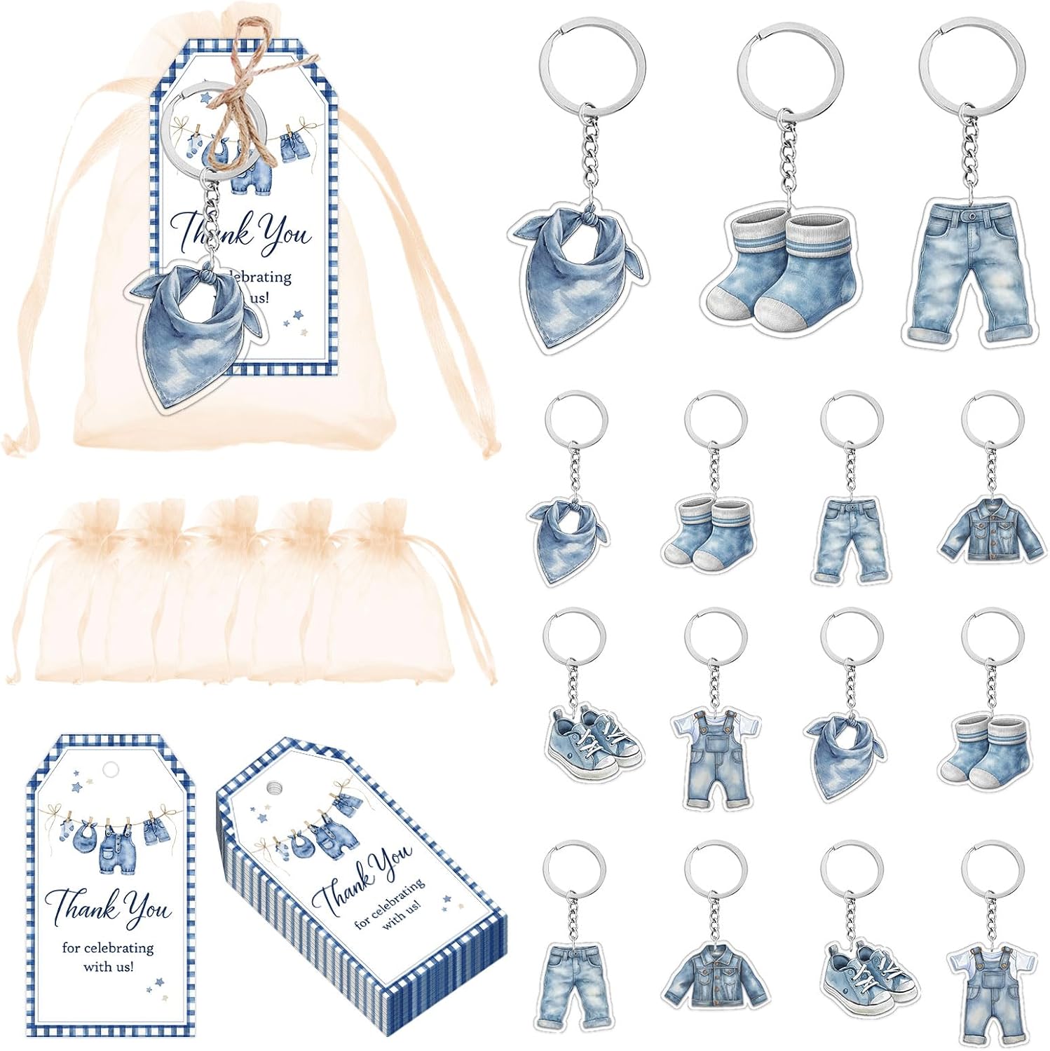 Blue Jean Baby Shower Decorations, 72Pcs Denim Party Favors Blue Jean Clothes Keychain Thank You Tags Organza Bags Kit for Baby Shower Gender Reveal Party Supplies