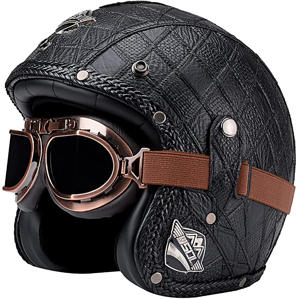 Casco de Cara Abierta para Motocicleta, Medio Casco Aprobado por ECE con Gafas, Cuero Casco De Motocicleta, Estilo Retro Vintage, Casco de Motor Jet para Hombres Y Mujeres