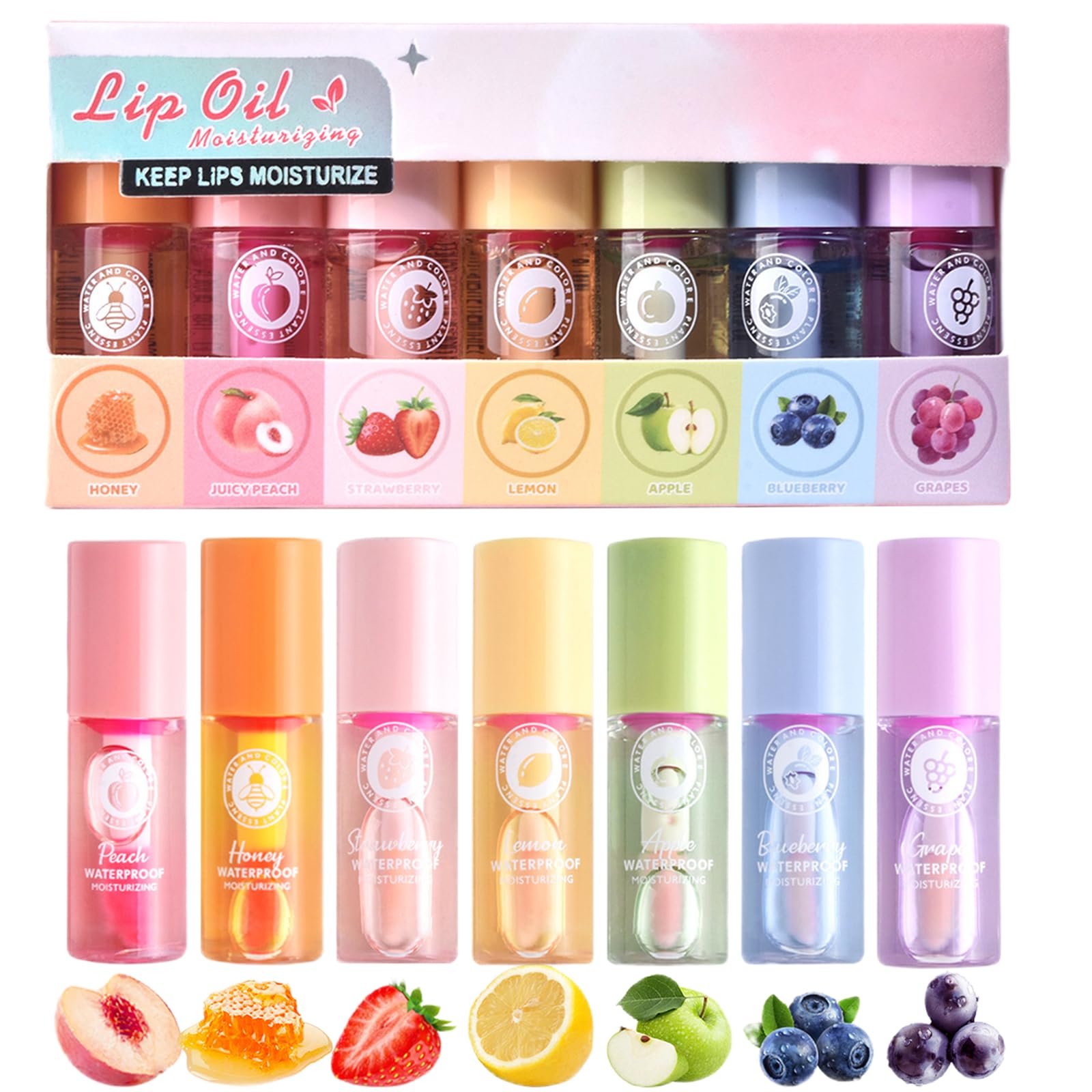 Lip Oil Set 7PCS Hydrating Magic Color-Changing, Long-Lasting Lip Gloss & Balm. Fruit-Flavored Lip Care Kit for Soft Nourished Lips