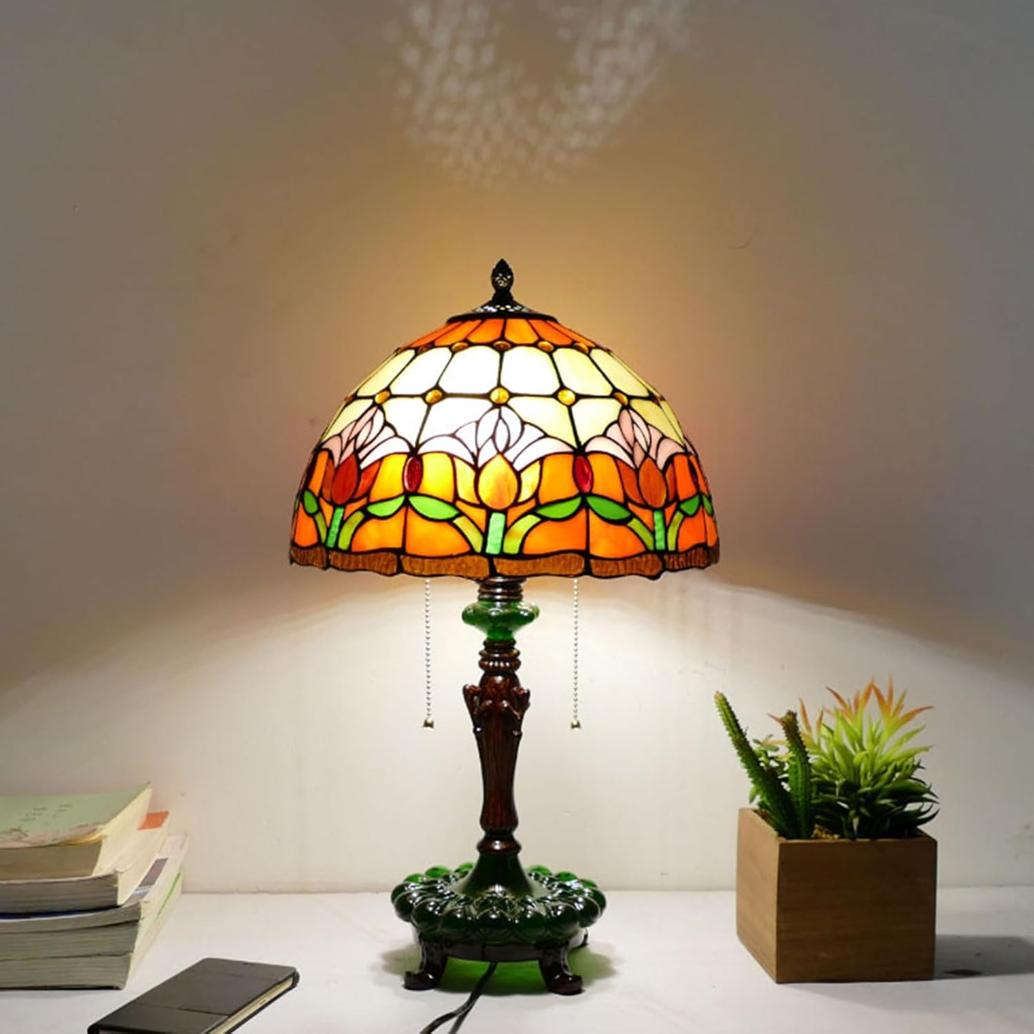 12 Inch Tulip Stained Glass Lamp Shade Only, Tiffany Style Floral Lampshades Replacement, Retro Lamp Cover Accessories Fit for Table lamp Pendant Light Ceiling Fixture,Orange
