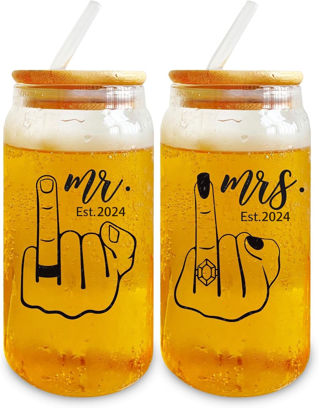 Est. 2024 Mr & Mrs Glass Cup with Lids and Straws - 1 Year Paper for Couples, First Anniversary Wedding Keepsake, Newlywed & Engagement Gift, Cool Iced Coffee Cup for Him & Her