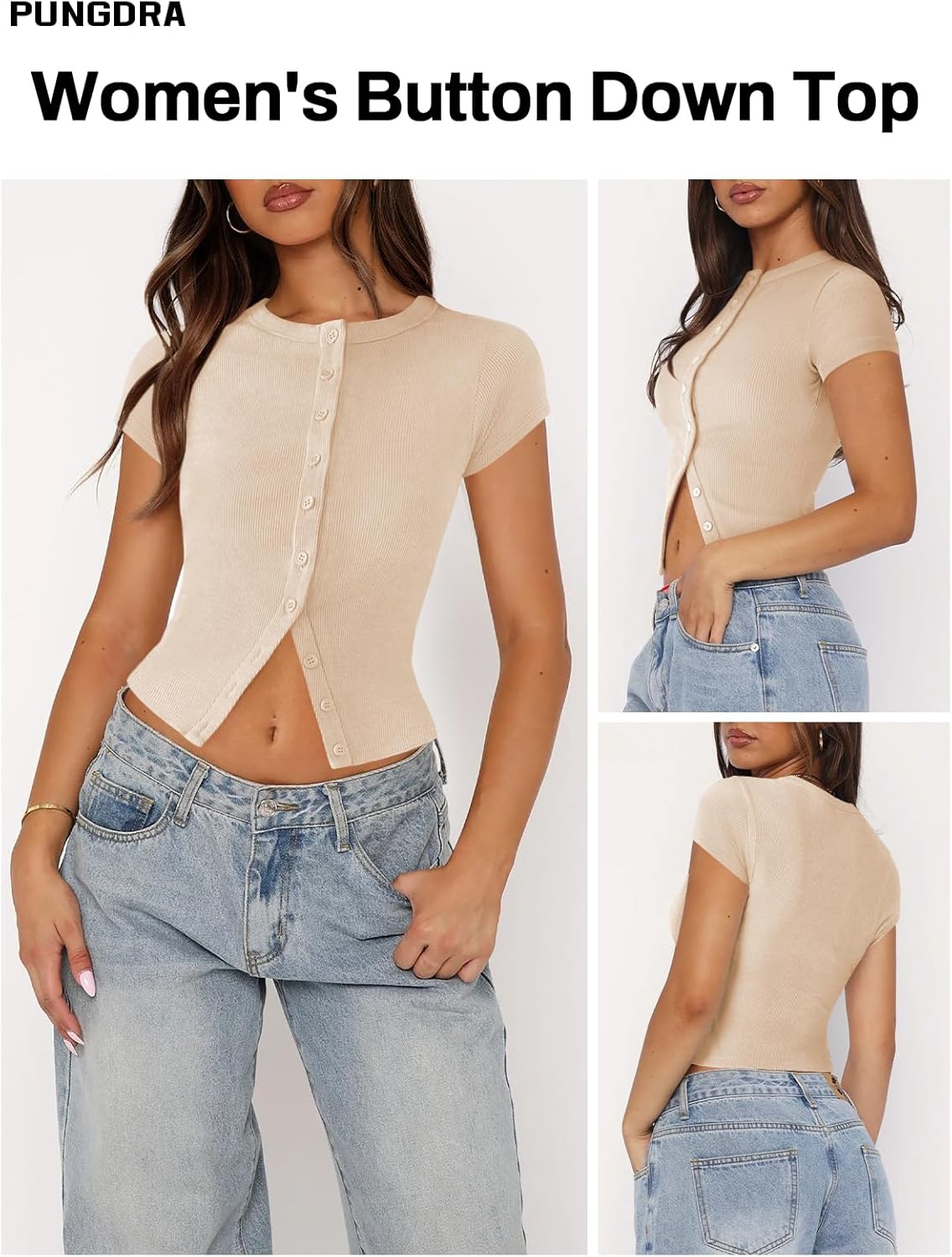 Women's Button Down Shirt Cap Sleeve Tops for Women Button Up Ribbed Knit Slim Fit Casual Y2K Crop Going Out Top - Image 3