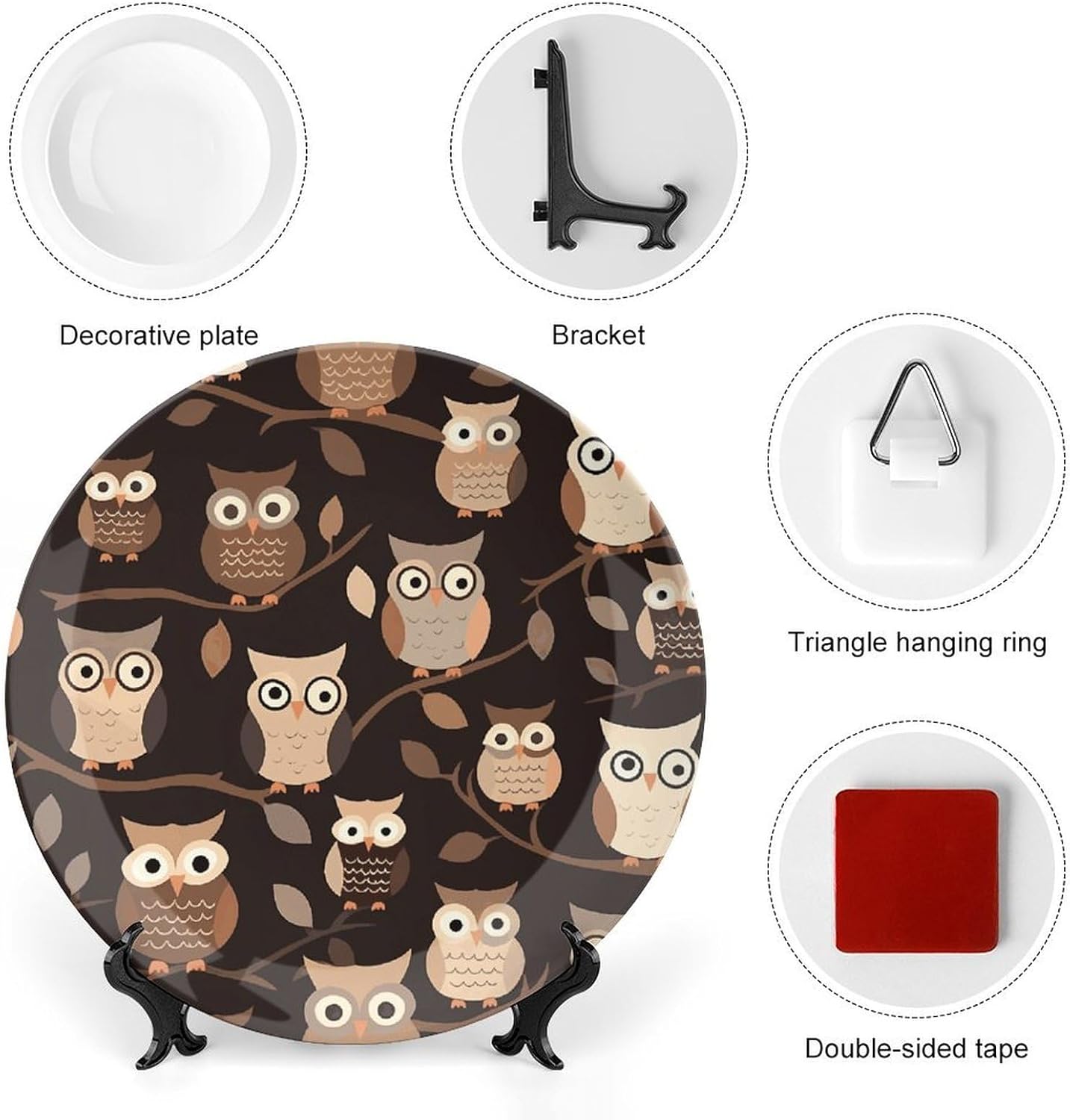 Cute Brown Cartoon Owls Bone China Decorative Plate with Display Stand, Ceramic Ornaments Plate for Wall Hanging, Personalized Porcelain Plates for Office, Living Room 8inch