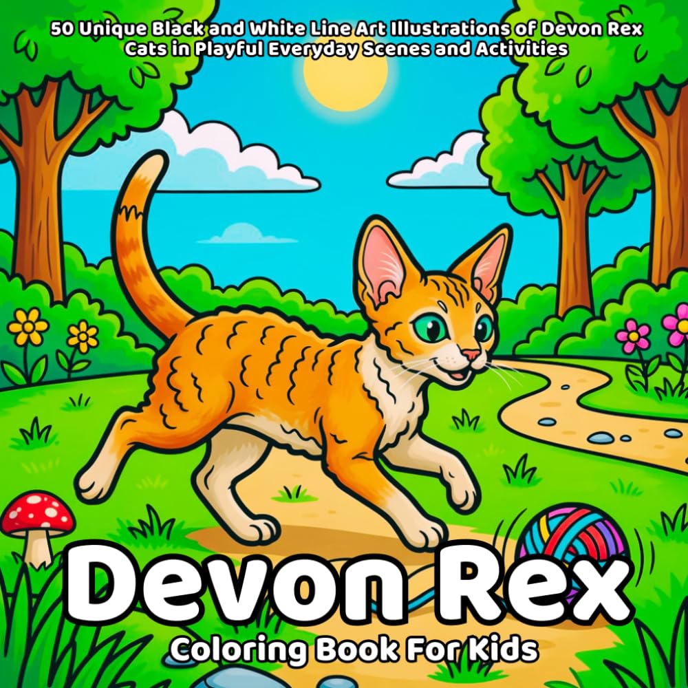 Devon Rex Coloring Book: 50 Unique Black and White Line Art Illustrations of Devon Rex Cats in Playful Everyday Scenes and Activities