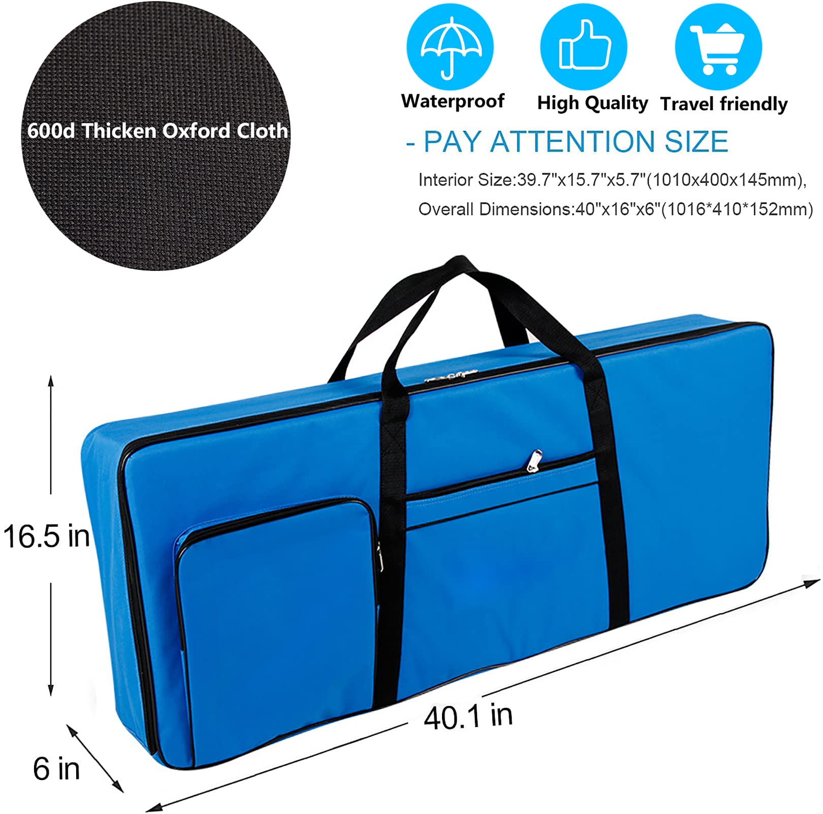 Vilihkc Funda para teclado de 61 teclas, portátil, duradera, impermeable, tela Oxford 600D con funda acolchada de algodón de 10 mm, bolsa de concierto de 40 x 16 x 6 pulgadas, Azul, Viajes