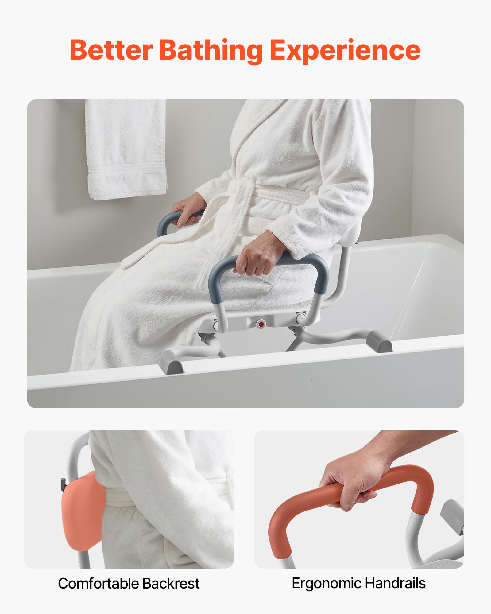 VEVOR Tabla de Bañera con Brazos y Respaldo, Asiento de Bañera con Mango Carga de 100 kg, Ancho de 740 mm o 790 mm Silla Giratoria de 360° para Adultos, Personas Mayores, Personas con Discapacidad