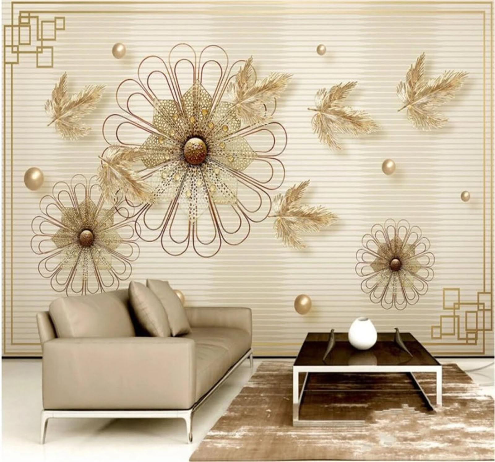 Wallpaper-3D-Xlm 150Cm×105Cm(B×H) Vintage Three Dimensional Gold Leaf Flowers Jewellery 3D Wallpaper Easy Install Feature Office Living Room Sofa Bedroom Tv Background Wall Decoration-150Cm×105Cm