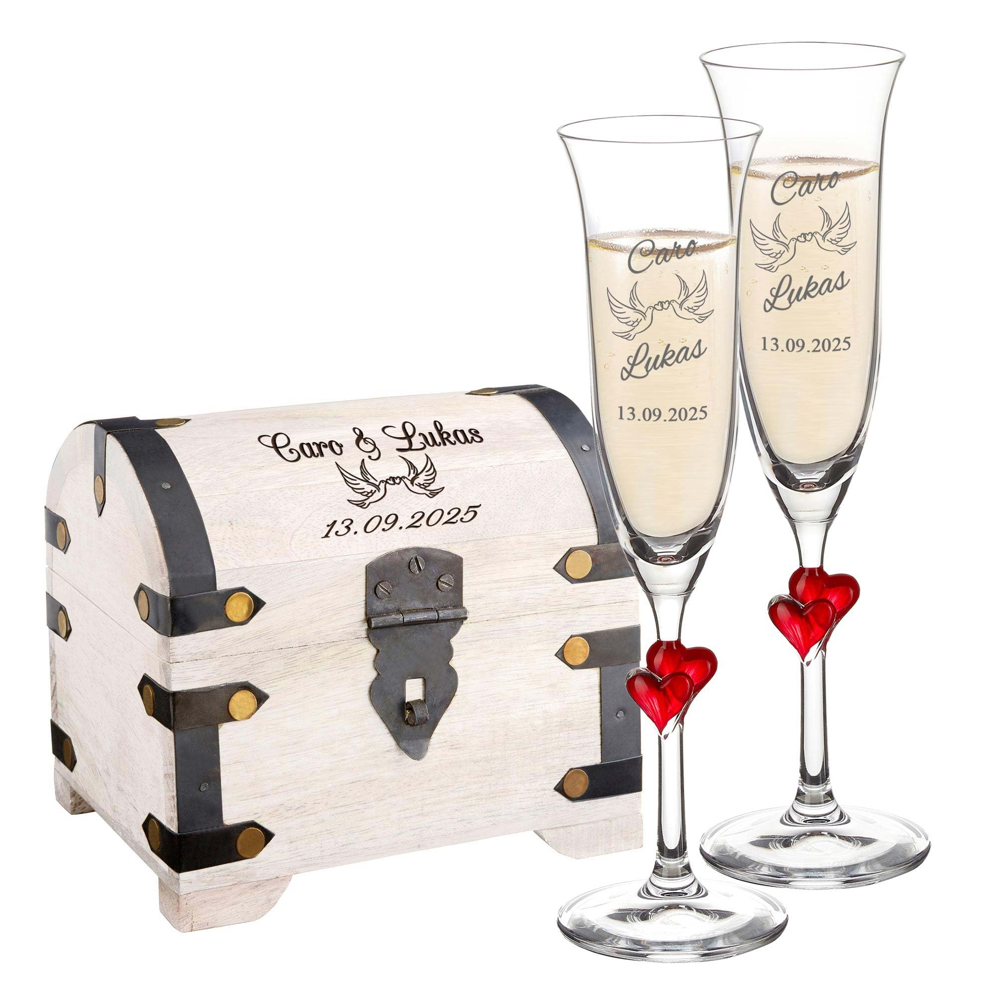 Coffret cadeau de mariage - Flûtes à champagne et coffre au trésor blanc avec gravure - Colombes - Personnalisable avec nom et date - Coffre en bois décoratif - Cadeaux de mariage pour couple de