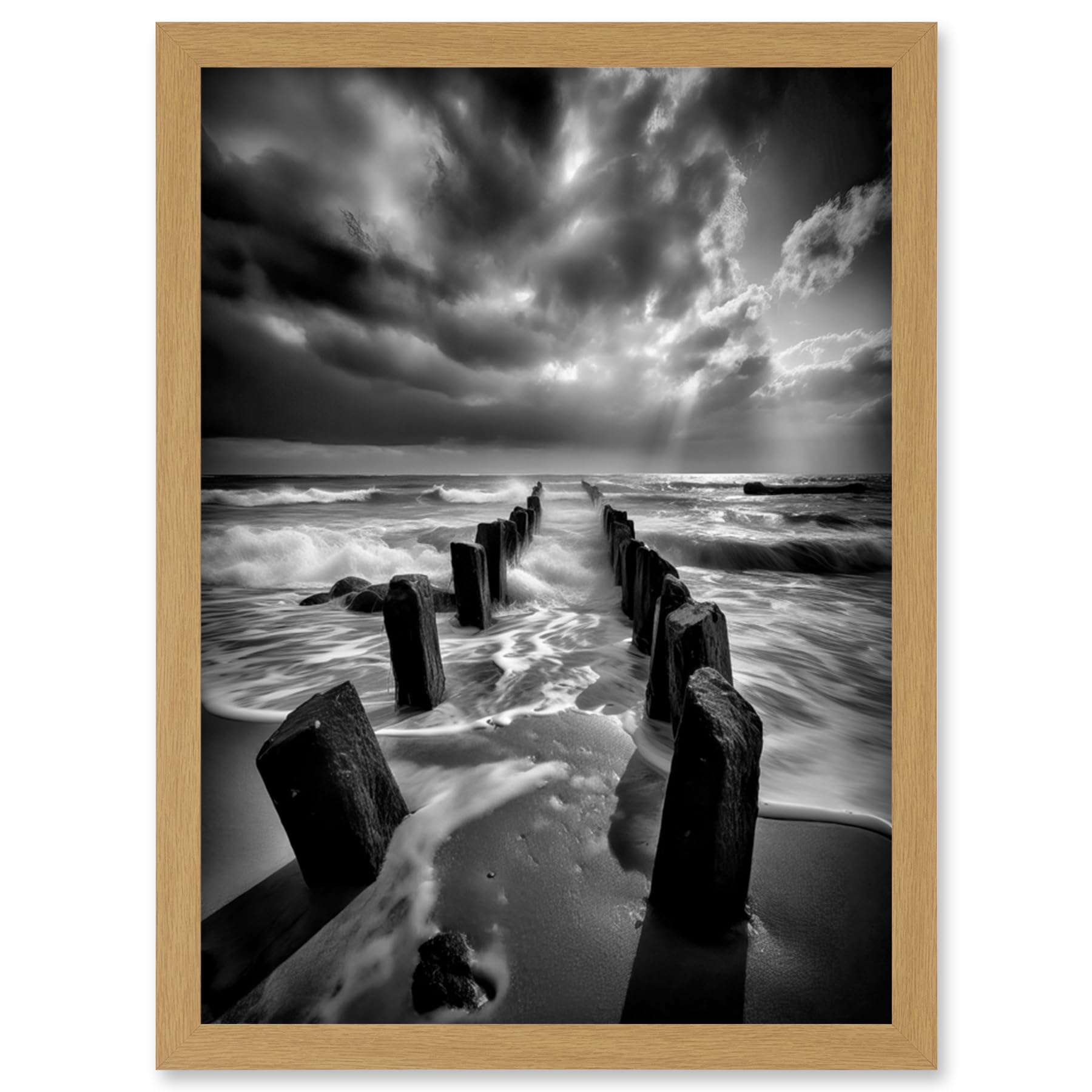 Artery8 Pier Ruins Black and White Dramatic Coastal Photo Artwork Framed Wall Art Print A4
