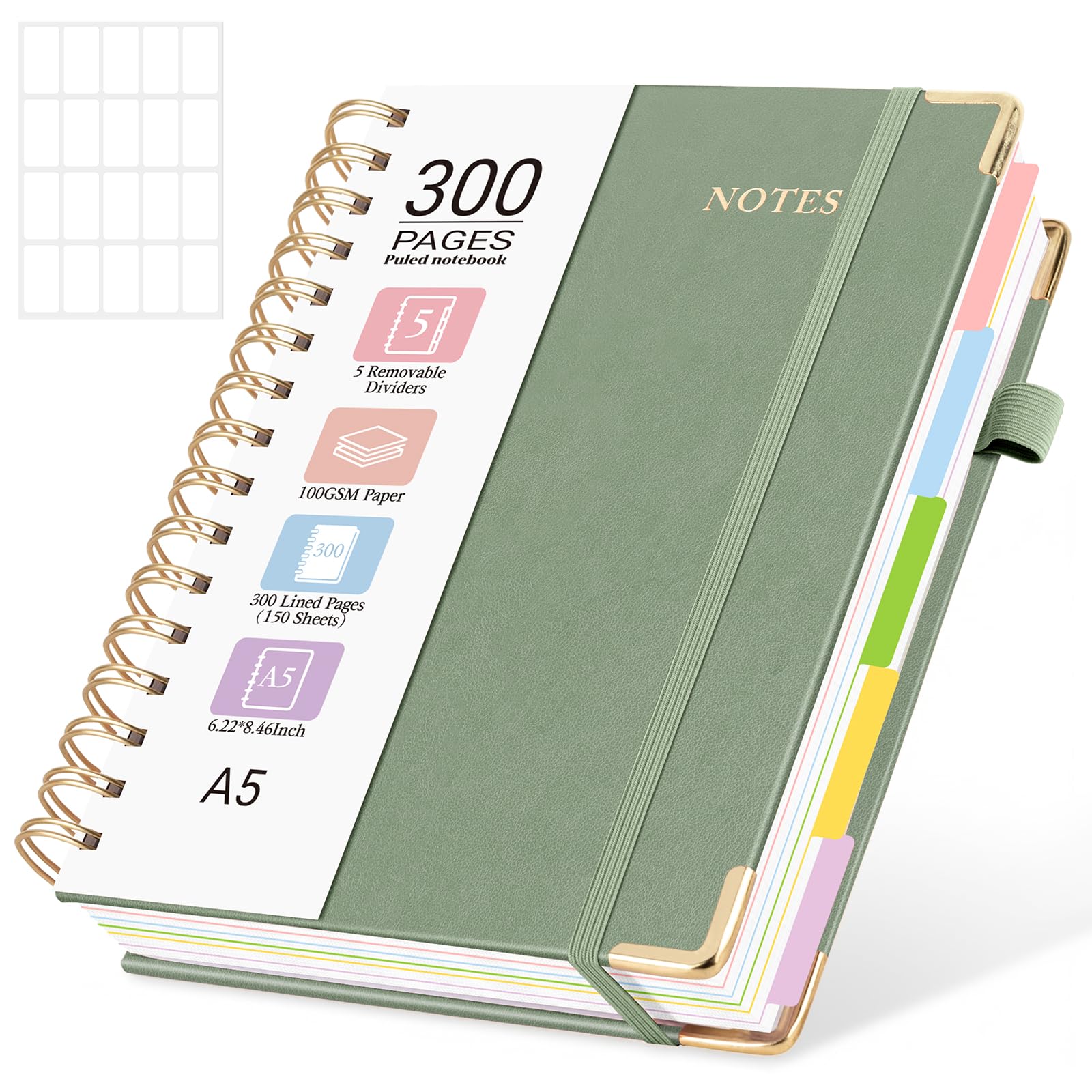 MOFELON A5 Notebook with Dividers, Notepad A5, 300 Pages Spiral Lined Notebooks,PU Leather HardCover Journals for Women,Note Book Pad for Office Work School, 21.5 x 15.8cm - Matcha Green