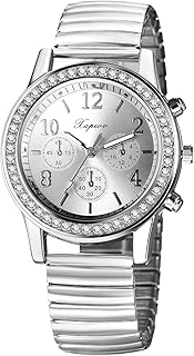 JewelryWe Damenuhr Elastische Leuchtende Uhr Glitzer Zirkonia Diamant Analog Quarz Armbanduhr Damen Edelstahl Stretch-Armband Lässige Uhr mit Zugarmband und Leuchtzeiger