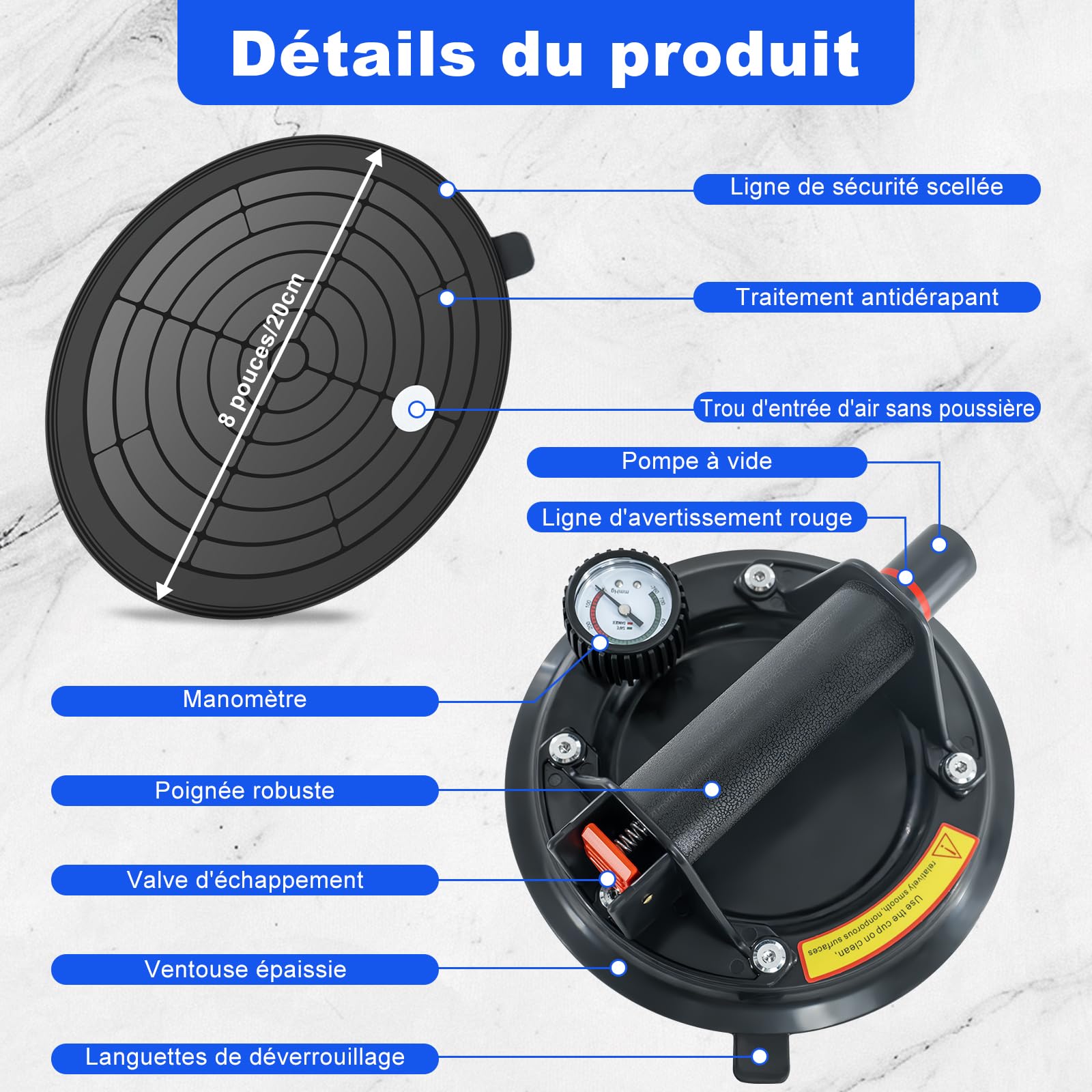 2 x Ventouse Carrelage avec Manomètre,Ventouse Vitre avec Boîte à Outils Portable,Charge Maximale 220KG,Ventouse pare Brise,Ventouses Fenetre Pour Soulever de Vitre,Carrelage