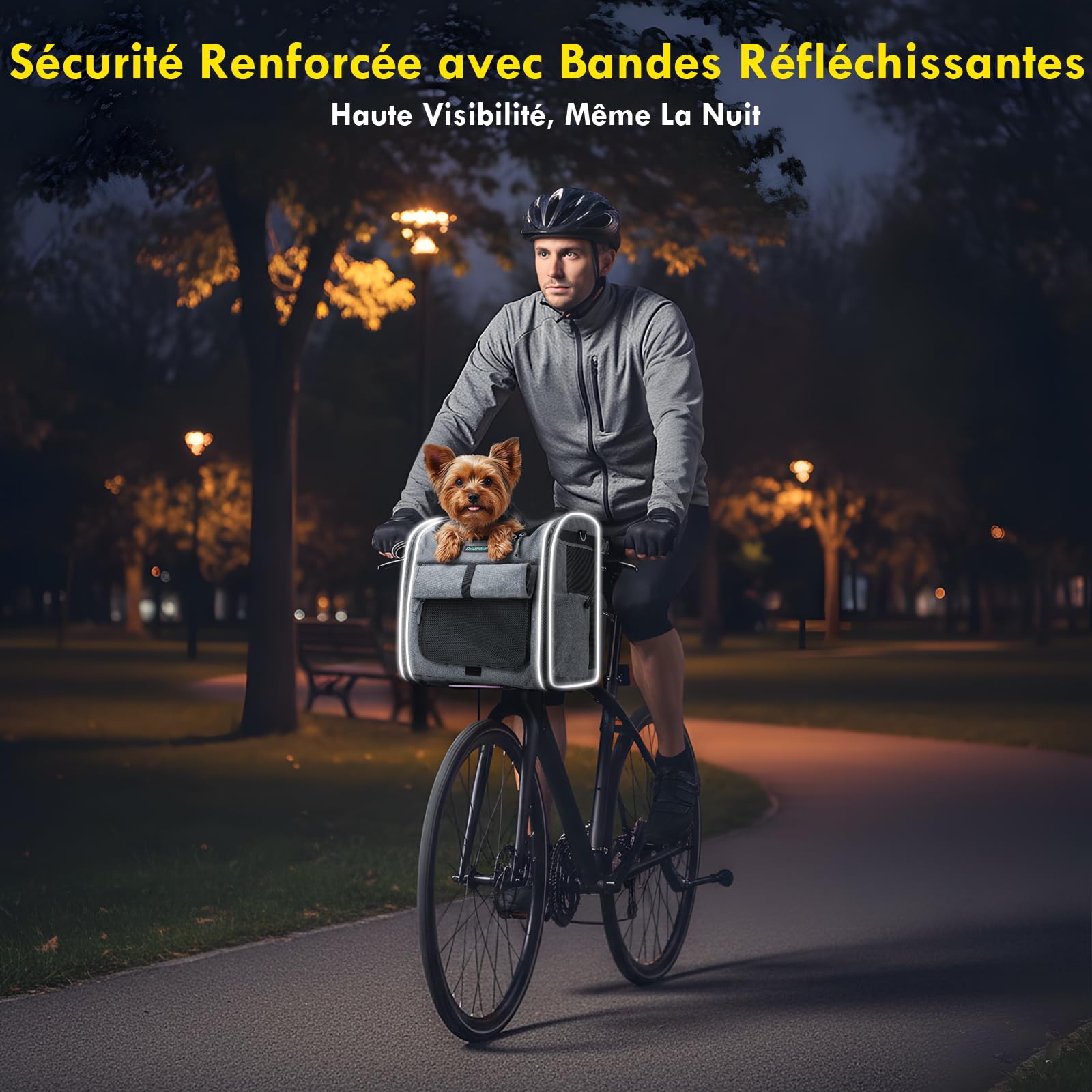 Panier Vélo Avant pour Chiens Chats jusqu'à 10KG avec L Support Φ8cm, Pliable 4 en 1 Sac à Dos, Sac Bandoulière, Siège Auto avec Coussin Confort, Fenêtres Filet, Bandes Réfléchissantes