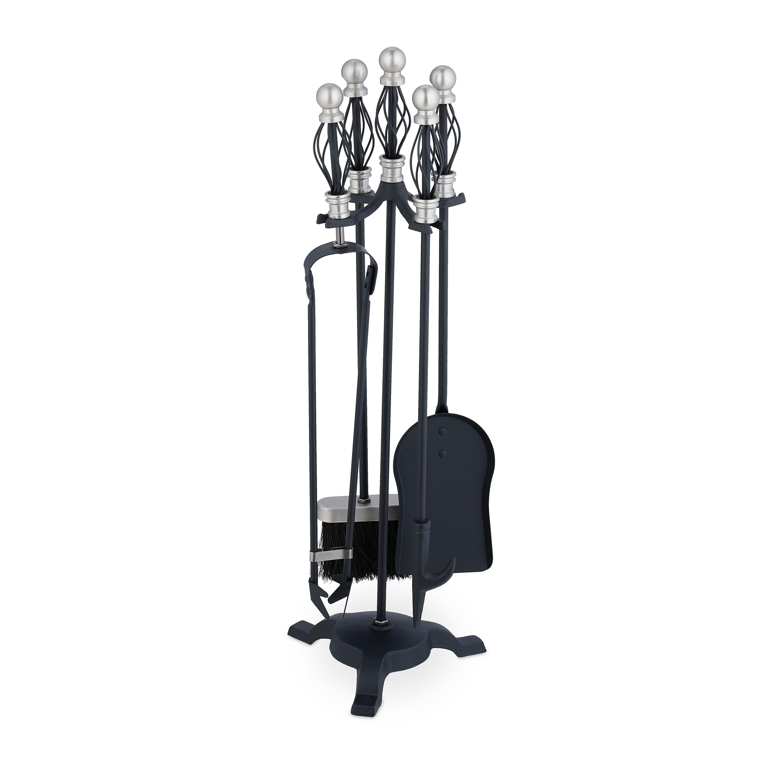 Relaxdays Fireplace Tool Set, 5-pieces, Poker, Ash Shovel, Broom, Stand, Tongs, Iron, Sturdy Base, Baroque, Black/Silver