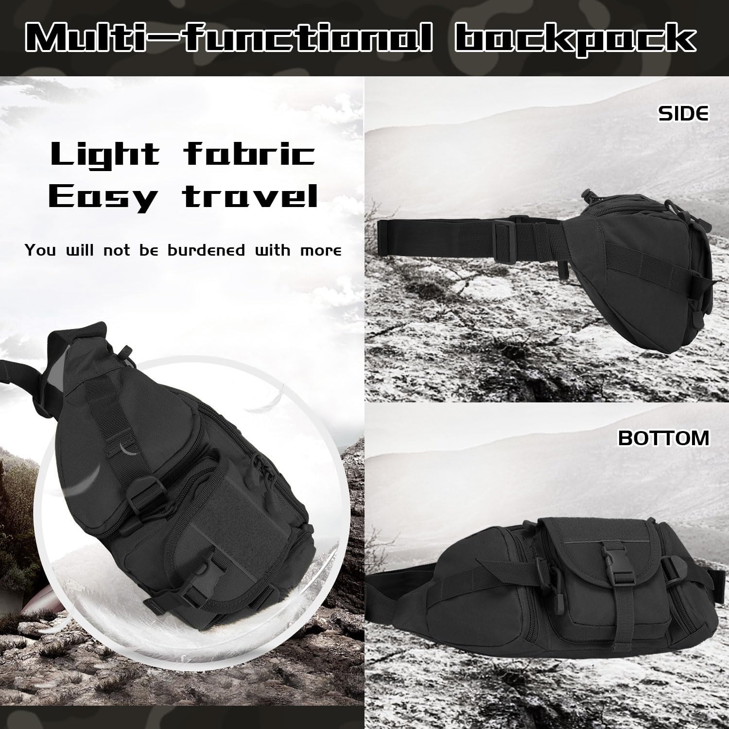 Tactical Fanny Pack, Military Outdoor Waist Bag Belt Packs Hip Bumbag Utility Bags with Adjustable Strap for Cycling Hiking Hunting (Black) - Image 7