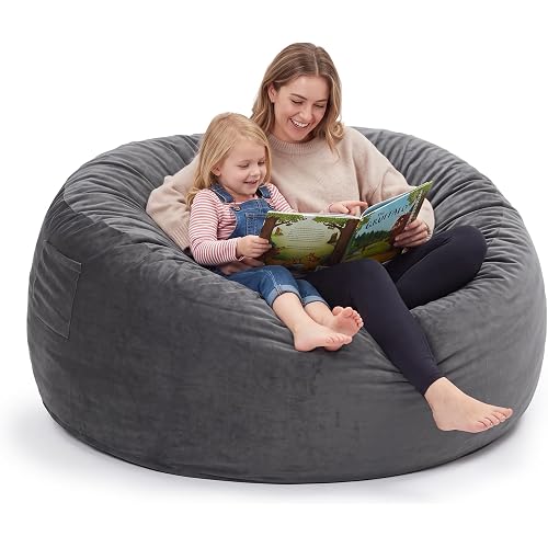 Kromax Bean Bag Chair with Filling Included, Large 4FT Comfy Bean Bag Chairs for Adults, Teens, Memory Foam, Machine Washable Thick Dutch Velvet Cover, for Living Room, Den, or Bedroom, Dark Grey