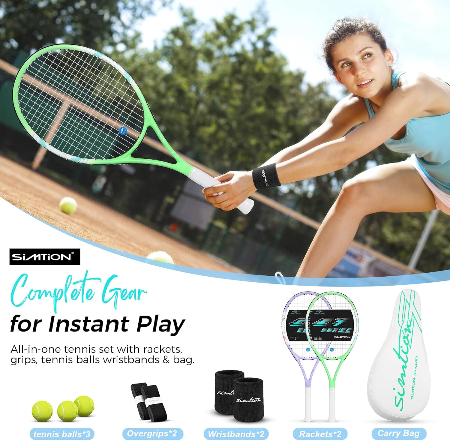 27 Inch Tennis Rackets Set, 2 Player Pre-StrungTennis Racquets for Adults, 2 Overgrip Tapes, 3 Balls, 2 Wristbands and Carrying Bag, for Beginner and Professional