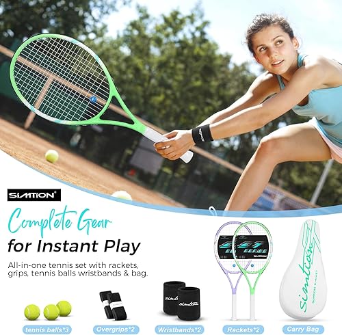 Miniatura 2 de Juego de raquetas de tenis de 27 pulgadas, raquetas de tenis preencordadas para 2 jugadores para adultos, 2 cintas de sobreagarre, 3 pelotas, 2