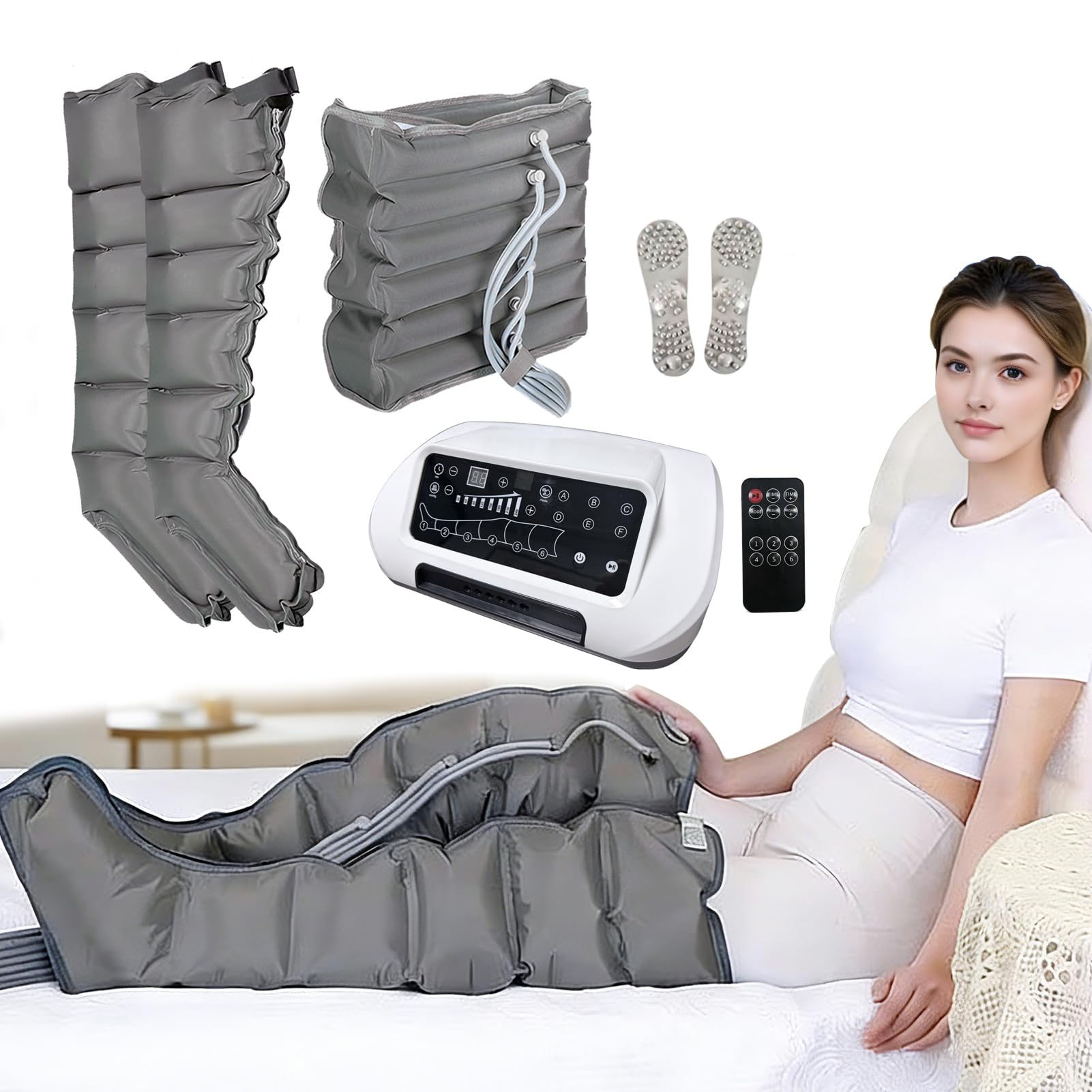 Pressoterapia Linfodrenaggio Professionale, Pressoterapia per Casa con 6 Programmi, Massaggio Linfodrenante 6 Camere, Anti Cellulite, Drenaggio Linfatico, Telecomando con Schermo LCD
