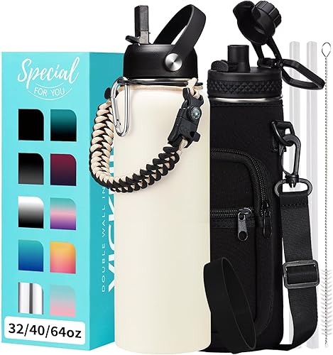 Miniatura 18 de Botellas de agua de 32 onzas aisladas con pajita y tapa para beber de un sorbo, asa de paracord, bolsa de transporte con correa, termo de triple