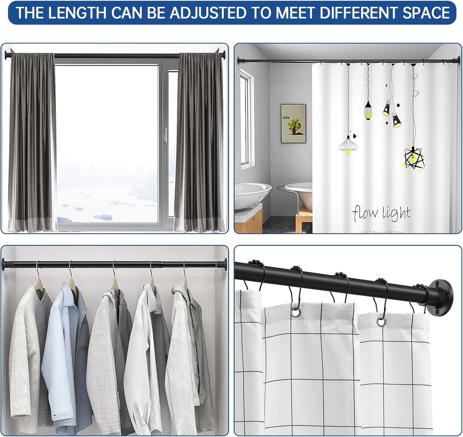 BRIOFOX Industrial Shower Curtain Rod - 2-in-1 Design Tension Curtain Rod - Never Rust Non-Slip 43 to 72 Inch Stainless Steel, Matte Black Window Curtain Rod