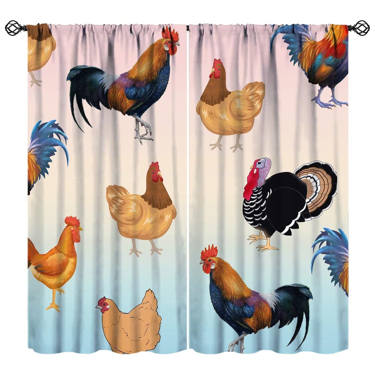 JESTRONRY Farmhouse Animal Chicken Curtain, Rustic Farm Chicken Rooster Rainbow Background Print Blackout Rod Pocket Window Drapes for Living Room Bedroom Kitchen 55x63in