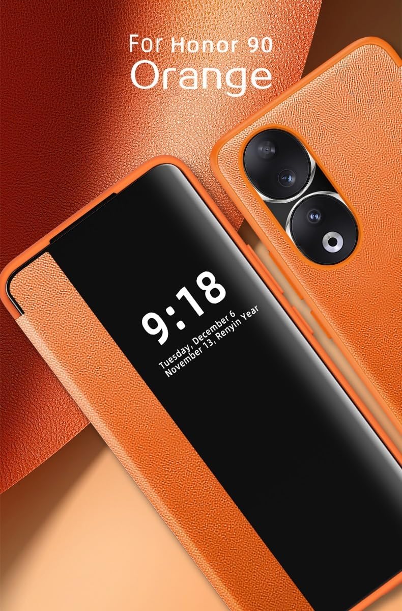 Smart Case Compatible with Huawei Honor 90, Translucent View Window Ultra Slim Leather Protective Case for Huawei Honor 90（Orange）