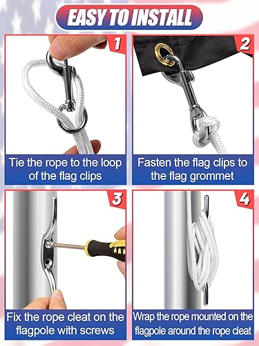 Miniatura 7 de Kit de cuerda y clips de bandera, 50 pies con gancho para tacos y 4 clips giratorios a presión para asta de bandera de hasta 25 pies, accesorios de