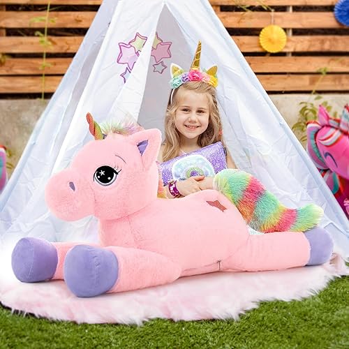 Miniatura 3 de Juguetes de unicornio gigante de 32 pulgadas, lindos animales de peluche de unicornio rosa arcoíris, decoraciones de cumpleaños de unicornio para