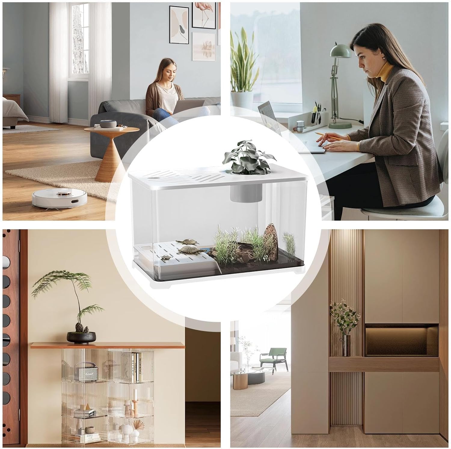 Fish Tank, Large Aquarium Kit, Modern Desktop Container, Built-in Turtle Resting Area, 15.55x8.86x8.46 inches, Decorative Home Display for Betta, Shrimp, Aquatic Planting