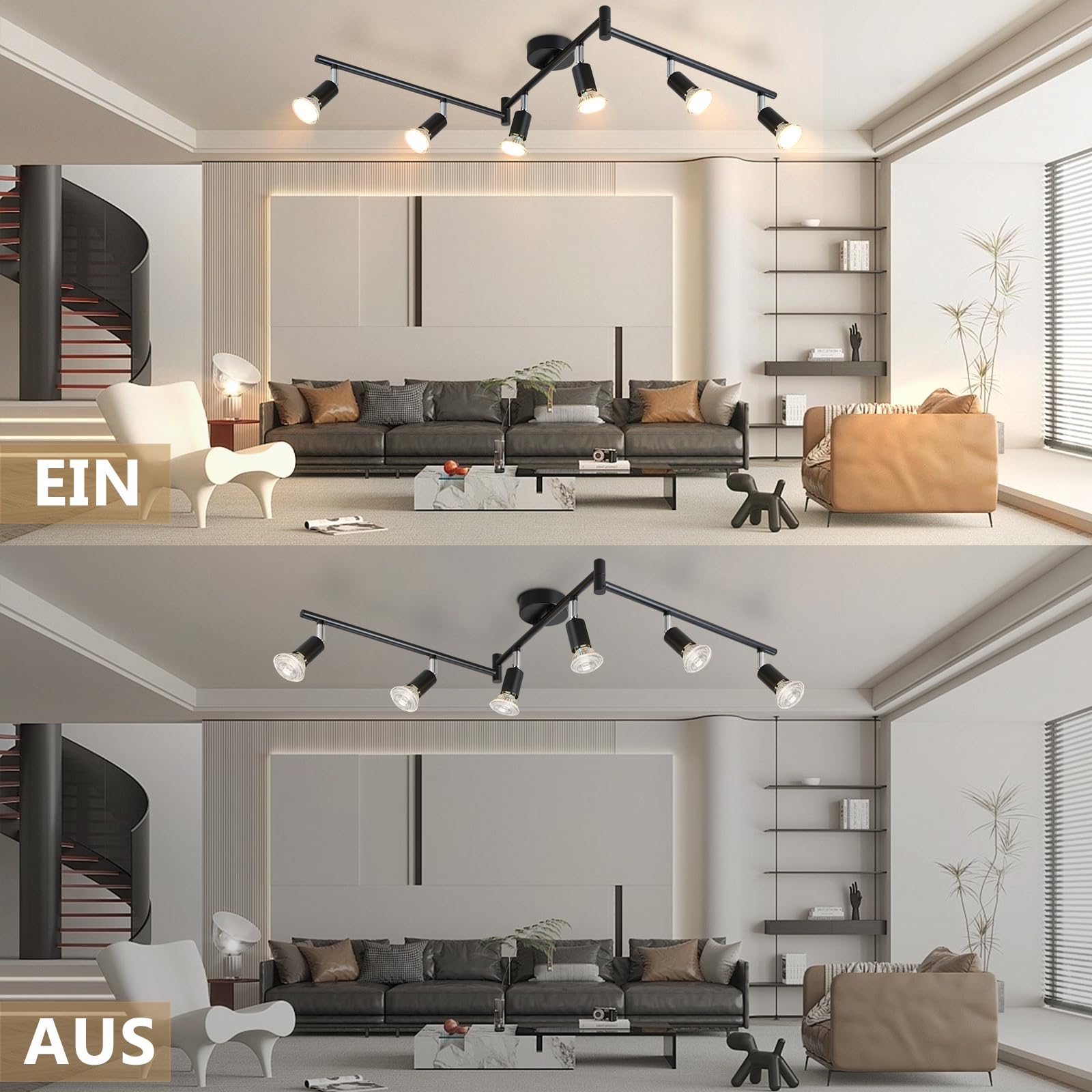 LED Plafoniera 6 Faretti Lampada Spotlight Soffitto GU10 | Girevole 330° Lampadario Industriale Parete Nero Soggiorno Cucina Salotto, Lampadina Non Inclusa