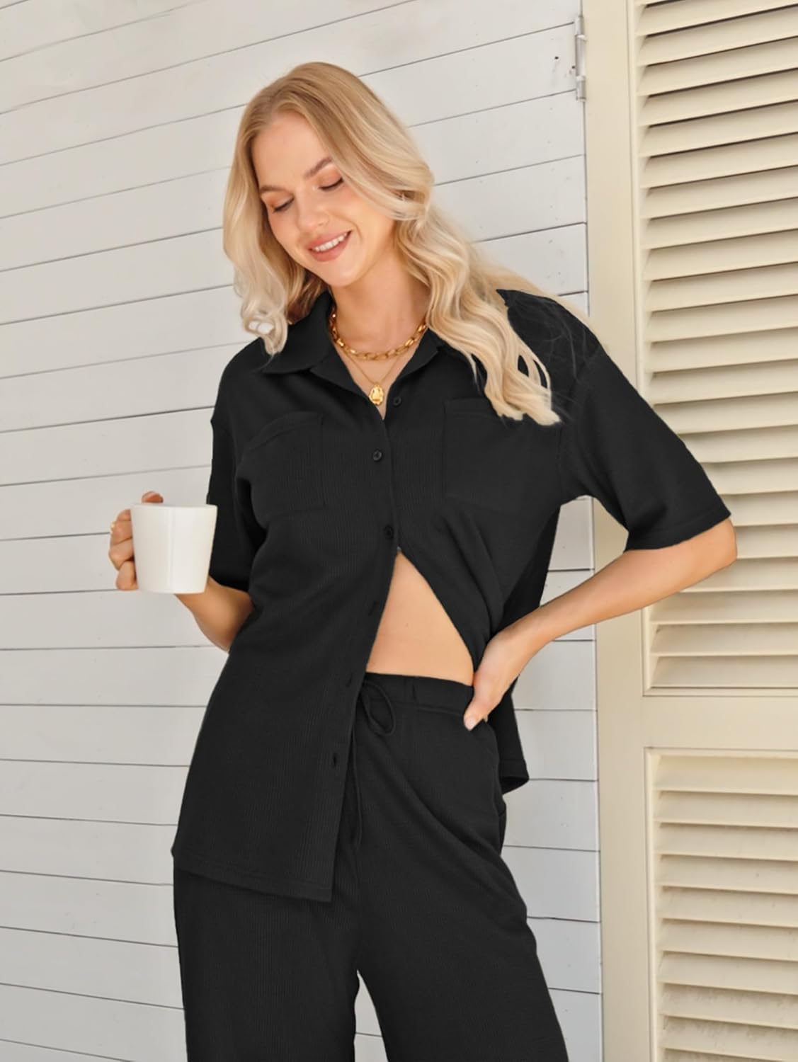 Kikibell Womens Pajama Sets 2 Piece Outfits Lounge Pjs Waffle Knit Sleepwear Button Down Shirts Wide Leg Pants with Pockets - Image 7