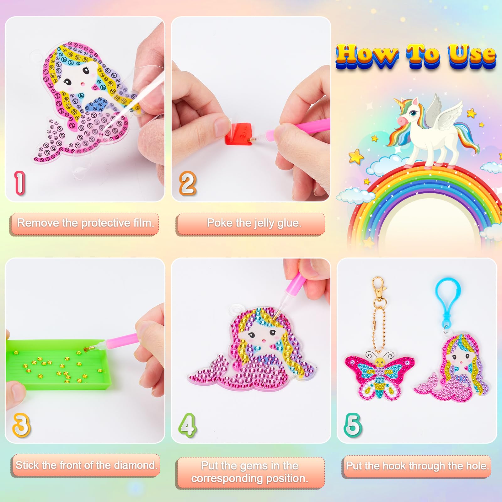Kit 5D Diamond Painting Portachiavi Per Bambini - 15 Pezzi Con Motivi Sirena E Unicorno - Foto 5