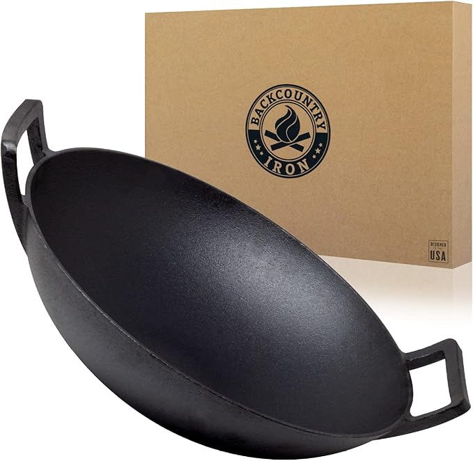Backcountry Iron 14-inch cast iron wok with flat base and dual handles