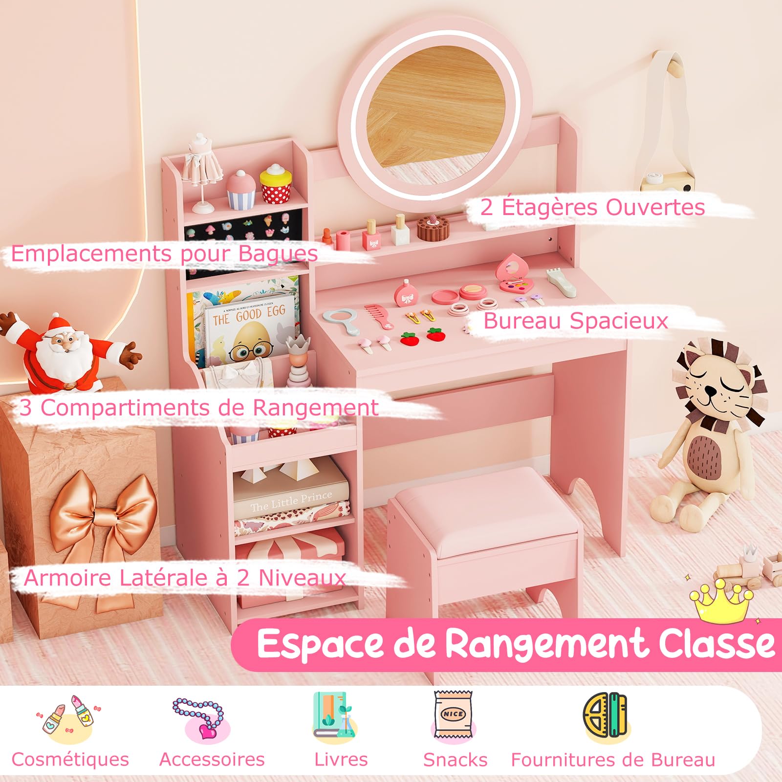 COSTWAY Coiffeuse Enfant Fille avec Tabouret et Miroir Lumineux, Bureau Enfant avec 4 Étagères Ouvertes et 3 Compartiments, Emplacements pour Bagues, Dispositif Anti-basculement pour 3 Ans+ (Rose)