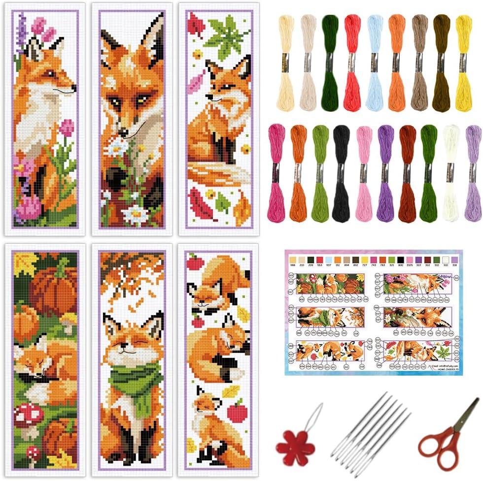 INFUNLY 6pcs Fox Cross Stitch Bookmark Kit for Beginners DIY Leaf Flower Stamped Embroidery Bookmark Kits Pumpkins Needlepoint Kit with Instruction Animal Easy Cross Stitch Set for Book Lovers Readers