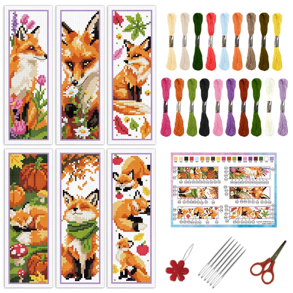 INFUNLY 6pcs Fox Cross Stitch Bookmark Kit for Beginners DIY Leaf Flower Stamped Embroidery Bookmark Kits Pumpkins Needlepoint Kit with Instruction Animal Easy Cross Stitch Set for Book Lovers Readers
