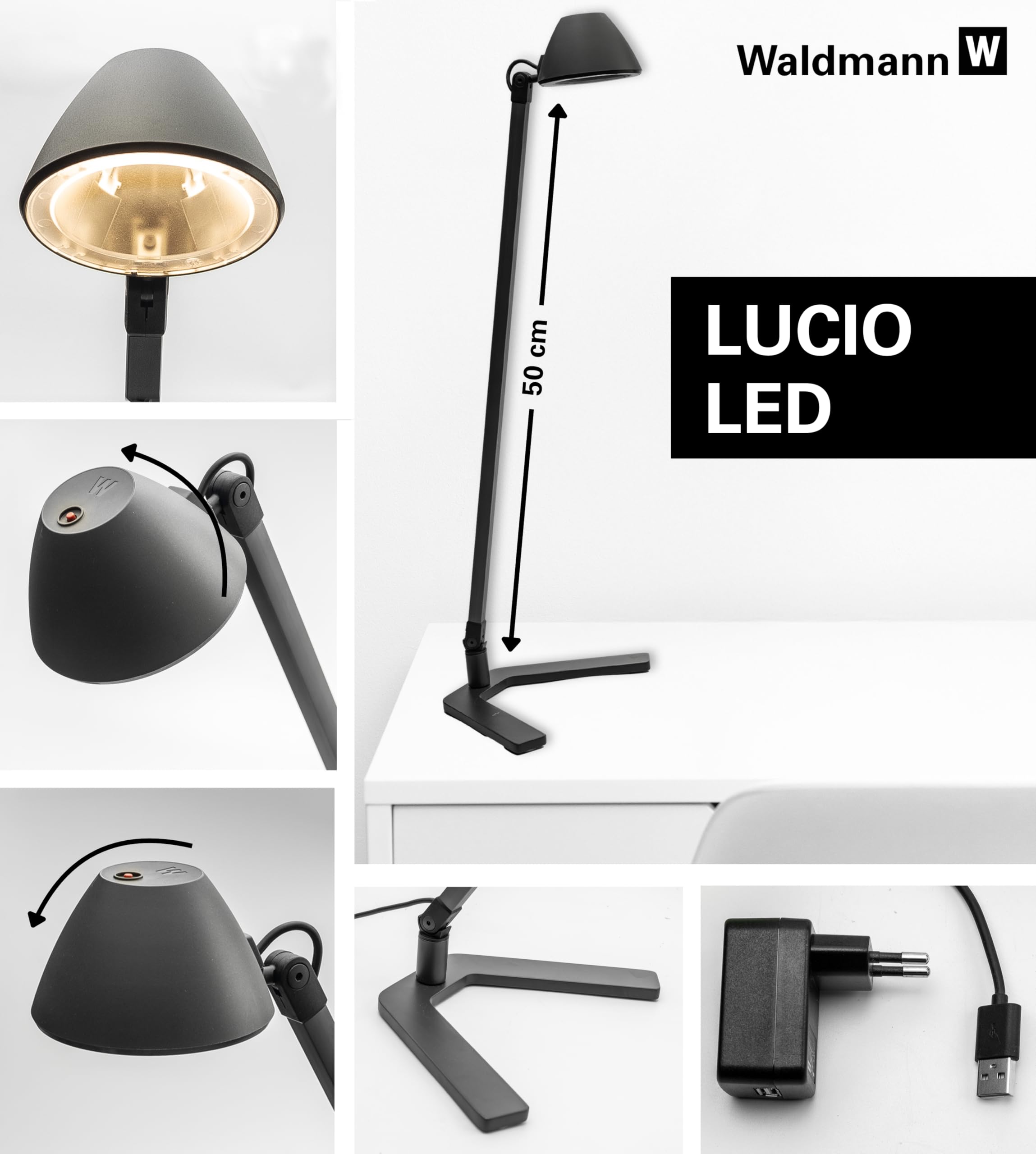 Waldmann Schreibtischlampe | LUCIO HOME | LED Tischlampe in Profi-Qualität für Homeoffice, Büro, Schreibtisch & Lernen | 4000 K (LUCIO)
