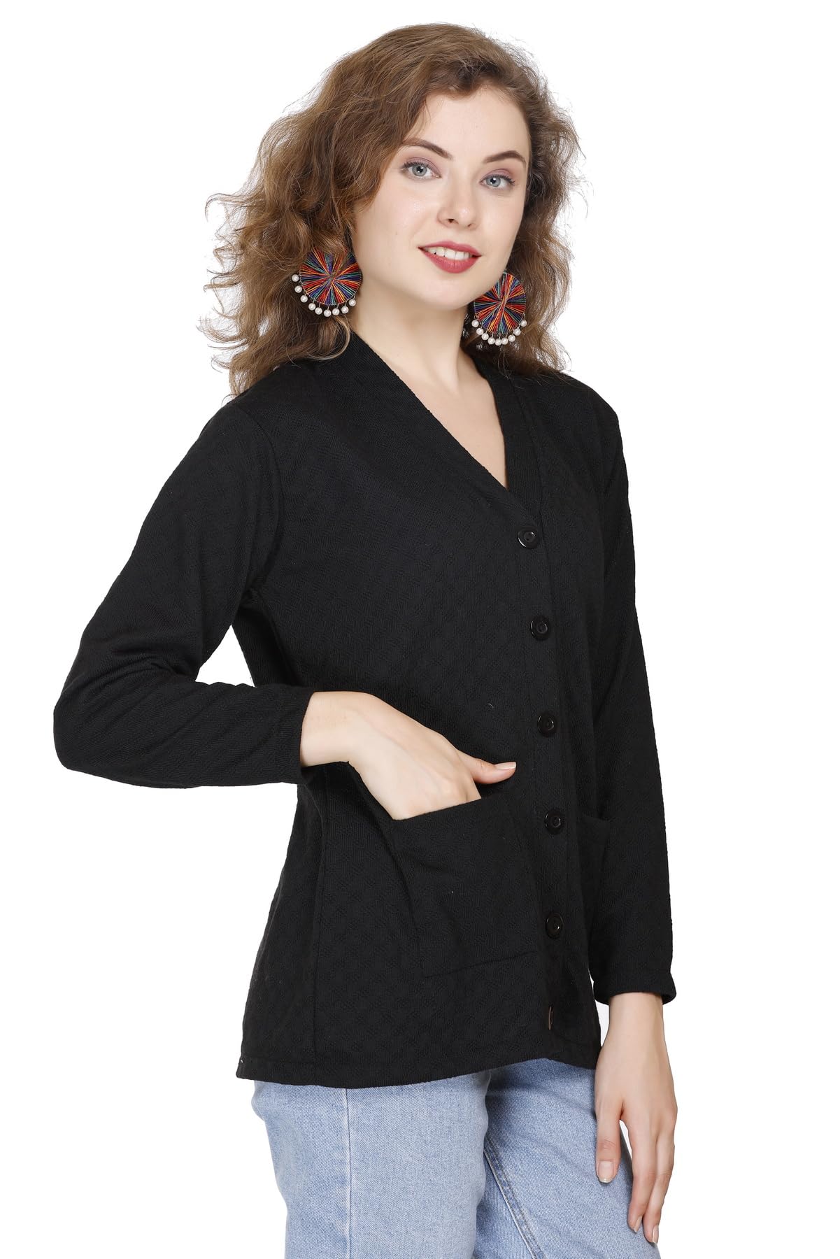 URBANROCK Women's Woolen V-Neck Cardigan - Heavy Daffodil Fabric Winter Wear Acropolly Yarn Cardigan for Women with Front Pockets (in, Alpha, 2XL, Regular, Black) - Image 2 thumbnail