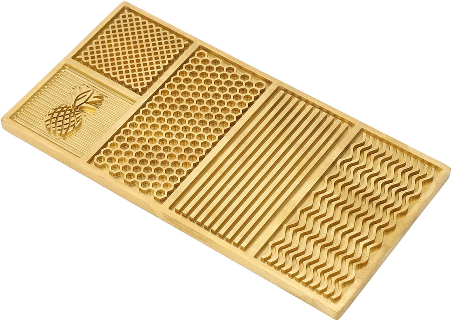 Brass Ice Cube Tray with 5 Pattern Designs, Premium Beech Wood Storage Box, Food Safe 0.39in Thick for Whiskey Cocktails, Modern Large Ice Craft for Bartenders and Elegant Drinking Experience