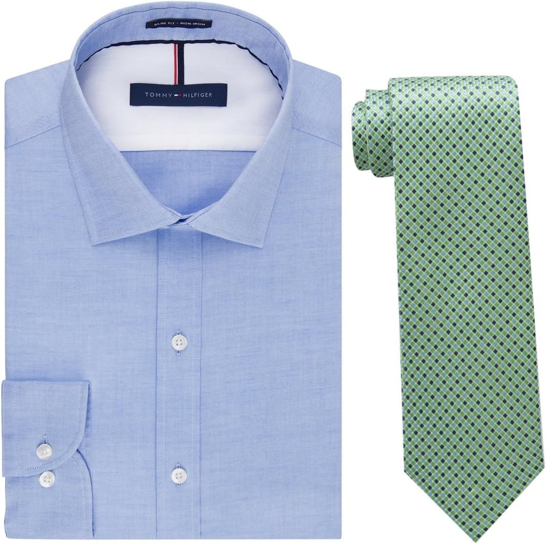 Tommy Hilfiger Men's Slim Fit Solid Dress Shirt and Core Micro Tie Combo