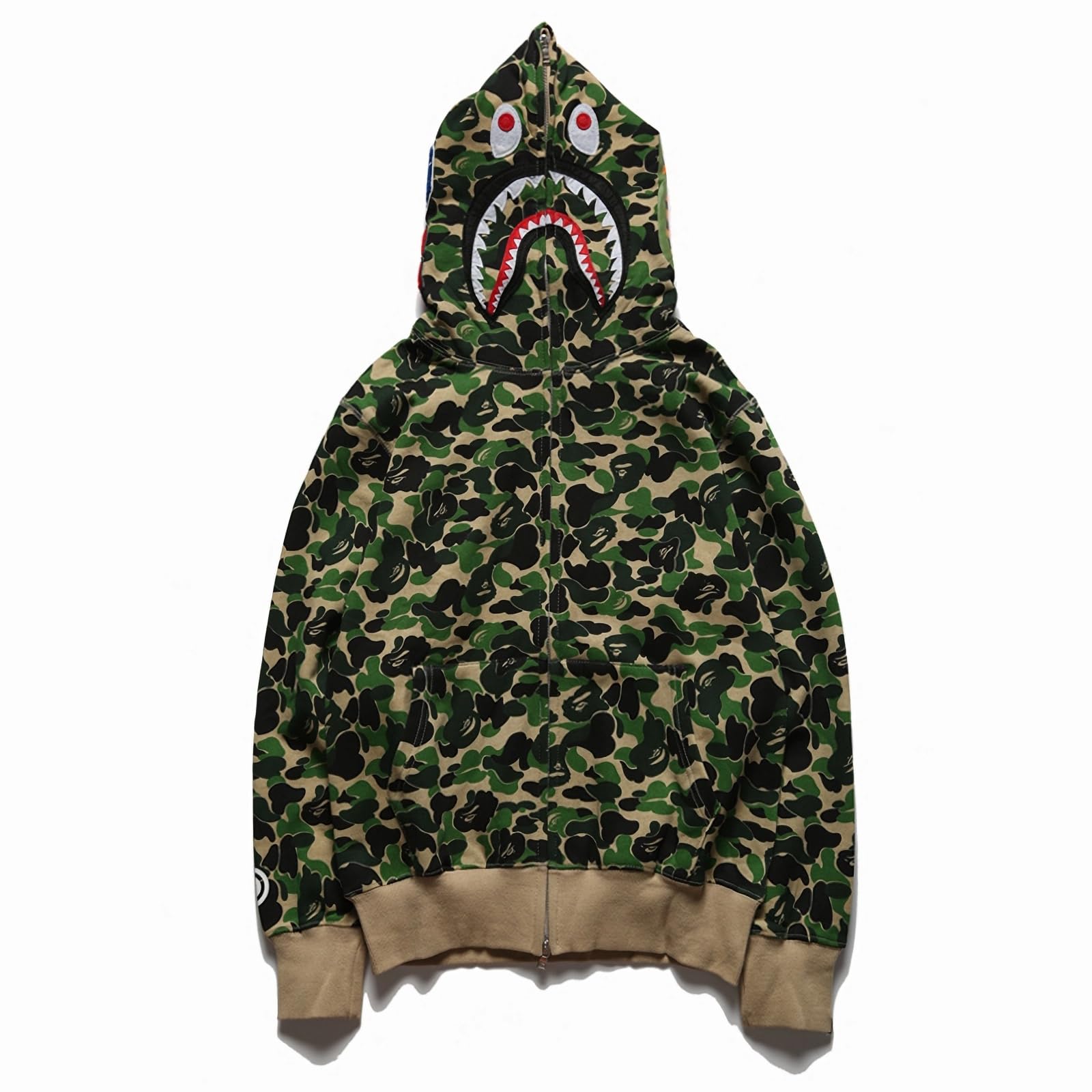 Shark Embroidery Camouflage Hoodie Full Zip Cotton Hooded Jacket Streetwear Sweatshirt fo…